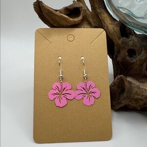 Hibiscus Flower Earrings Pink Metal Hook with Backs